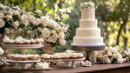 Elegant Wedding Dessert Table Setup with Cupcakes and a Beautiful Four Tiered Wedding Cake Adorned with Delicate Floral Decorations  Surrounded by Lush White Rose Arrangements food