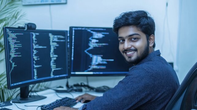 Programmer coding on dual monitors in office