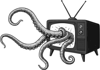 Obraz premium Octopus tentacles emerge from tv in hand drawn vintage monochrome style. Creative retro vector illustration monster for print or tattoo. 