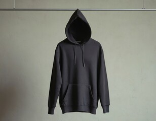 A minimalist black hoodie displayed on a hanger against a neutral background.