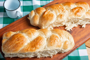 Homemade bread, a beautiful breakfast table with delicious homemade bread on a rustic wooden...