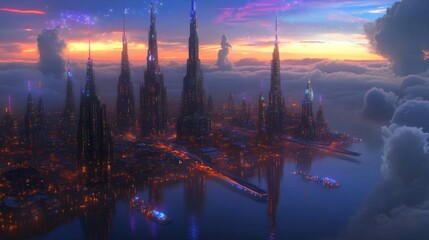 Naklejka premium Futuristic cityscape at sunset vibrant skyscrapers reflecting in calm waters
