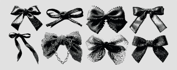 Grunge Pixel Art Bow Illustrations. Retro Halftone Style