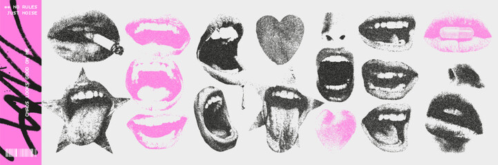 Collection of retro photocopy style mouths with cigarettes, pills, and hearts. Bold, messy, and rebellious.