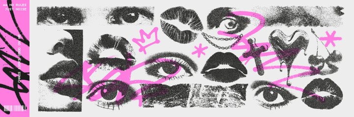 Grunge Retro Photocopy Collage of eyes, lips, and doodles in black halftone and bright pink graffiti, playful and rebellious.