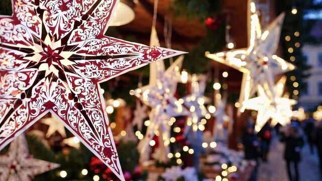 Ornate paper stars are sold at a Christmas market in Rothenburg ob der Tauber, Bavaria, Germany