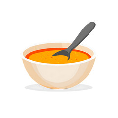 Flat Icon of a Bowl of Soup with Spoon, Minimal Style, Clean Background