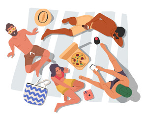 Group of happy friends cartoon characters rest on beach enjoying suntan and leisure activity