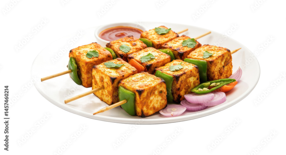 Aufkleber a delightful display of paneer tikka skewers served with a vibrant dipping sauce and onion garnish d