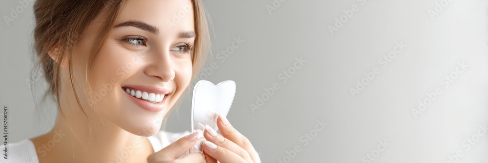 Poster smiling patient admires sparkling dental implant result while holding mirror in bright clinic genera