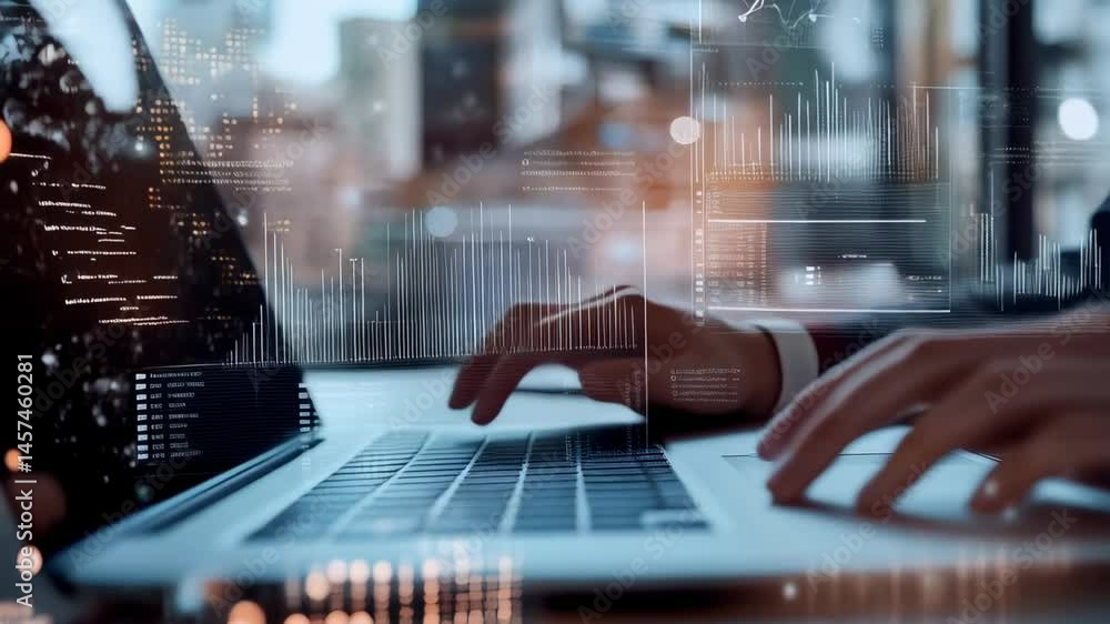 Poster professional hands keyboarding laptop with financial data graphs, symbolizing digital workplace tech