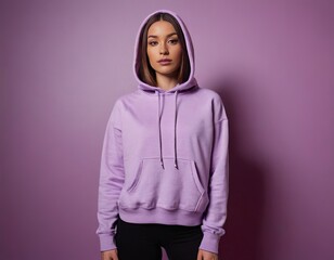A young woman of mixed ethnicity poses confidently in a light purple hoodie against a matching backdrop.