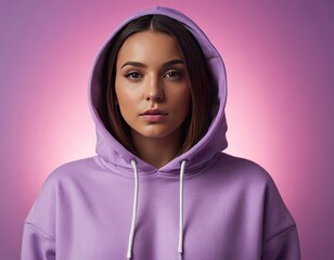 Confident young woman in a lavender hoodie, showcasing a poised expression against a vibrant purple backdrop.