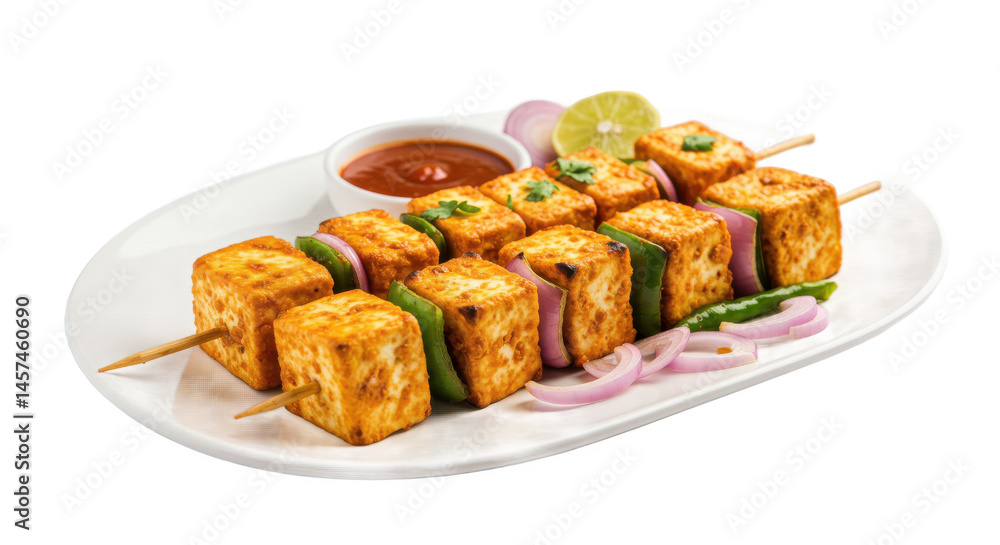 Poster skewered paneer tikka with dipping sauce and lemon wedge displayed on a white rectangular plate view