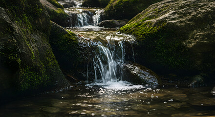 Obraz premium Cascading Water Over Mossy Rocks In A Serene Forest Stream Scene