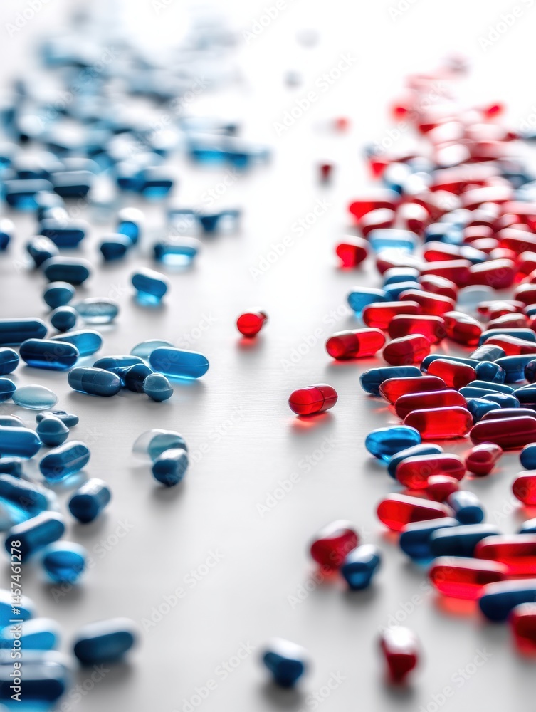 Aufkleber Colorful Display of Blue and Red Capsules Artistically Arranged on a White Background With Scattered Formations for Visual Interest Generative AI