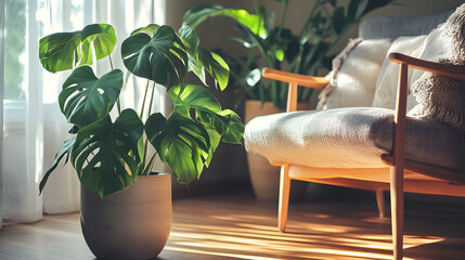 Fototapeta premium Indoor Monstera Plant: A sun-drenched living room showcases the vibrant Monstera plant, its lush green leaves illuminated by natural light, harmonizing with a cozy armchair and minimalist decor.
