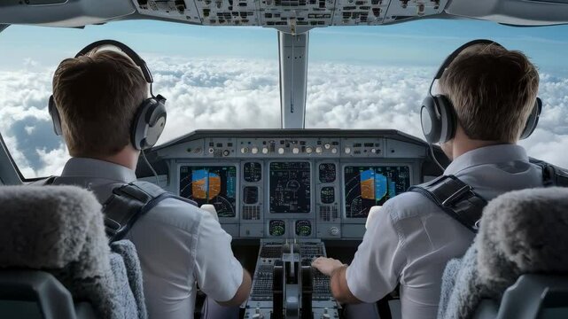 Professional pilots control a commercial airplane, maneuvering smoothly above the clouds with focus and precision, showcasing aviation expertise in the cockpit