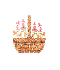 A delicate bouquet in a wicker basket. Watercolor illustration, postcard.