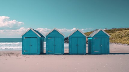 Row of bright blue beach huts on sandy shore.  Ocean waves crash gently