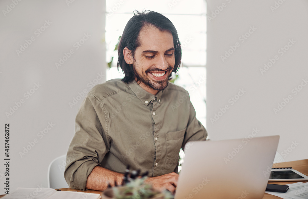 Poster laptop, project management and smile with creative man in office of small business for web design. c