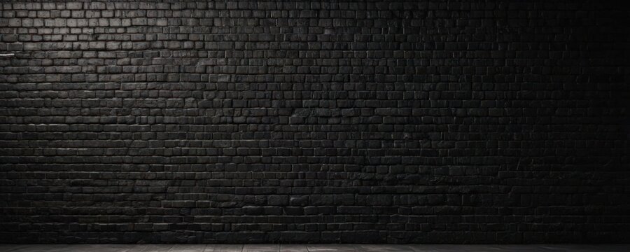 Deep black brick wall, uneven mortar, distressed surface, moody lighting , masonry, damaged