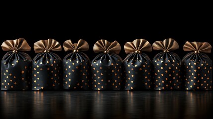 Row of elegant black and gold gift bags