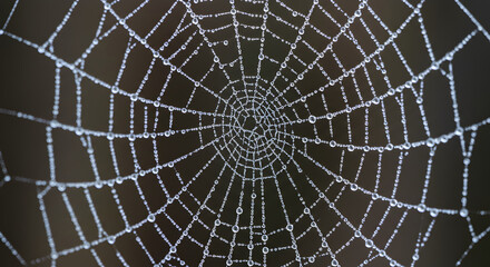 Obraz premium Spiderweb Covered With Dew Drops Sparkling In Early Morning Light