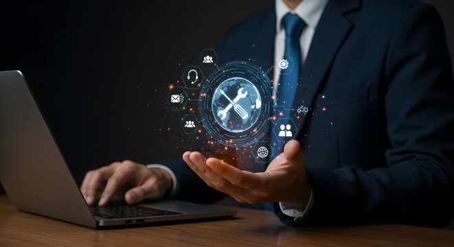 Businessman in Dark Suit Using Laptop with Digital Wrench and Globe Display in Hand on a Wood Table Against Dark Backdrop