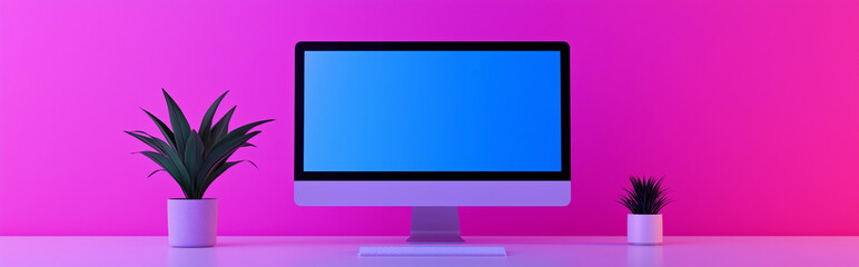 Modern desktop computer with blue screen and plant decoration on a pink backdrop