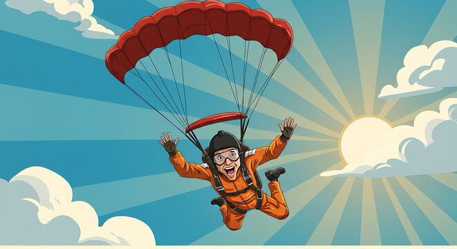 Digital painting, skydiver in vibrant jumpsuit above breathtaking mountain scenery
Enthusiastic skydiver enjoying the thrill of parachuting against a sunny sky  
Retro-style illustration, skydiver 