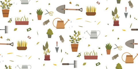 Gardening pattern. Gardening concept. Various equipment
