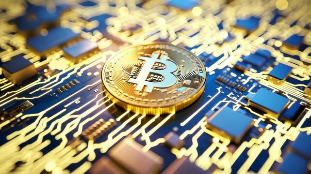 Bitcoin coin on digital circuit board representing cryptocurrency and blockchain technology, used in fintech presentations, crypto news articles, investment reports, blockchain infographics