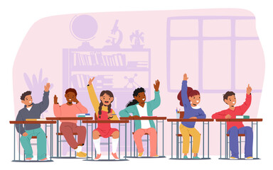 Children student characters raising hands up while sitting in classroom at school cartoon scene