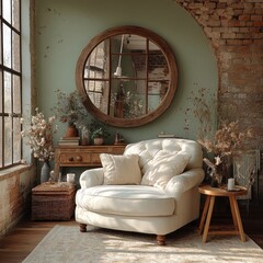 Relaxing in a sunlit room with antique furniture, dried flowers and a large mirror