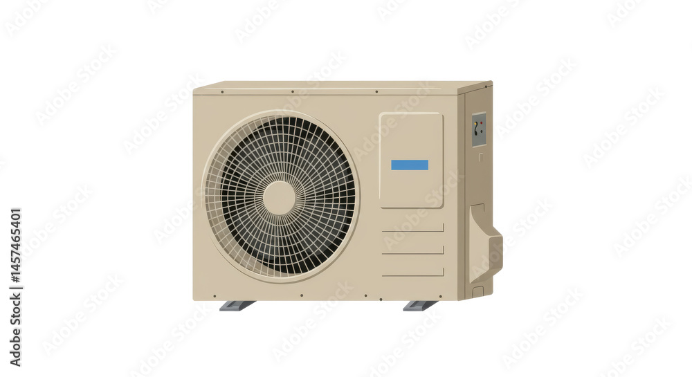 Poster a close up view of an air conditioning unit mounted on a wall with a visible fan and brand name plat