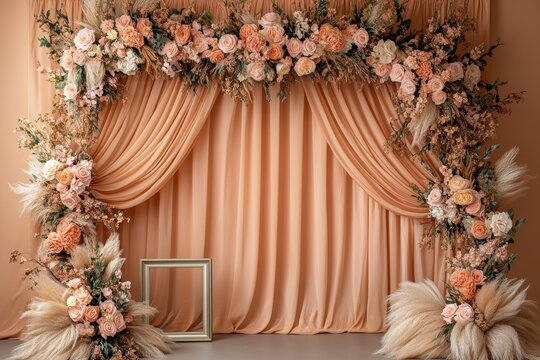 Delicate flowers and a vintage wall create a charming photography boho background for weddings and maternity sessions