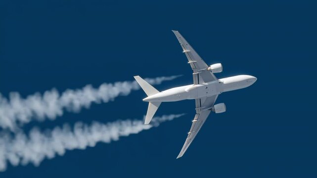 High-altitude wide shot of a generic passenger jet airplane banking left, leaving twin vapor trails across a deep blue sky in crisp daylight