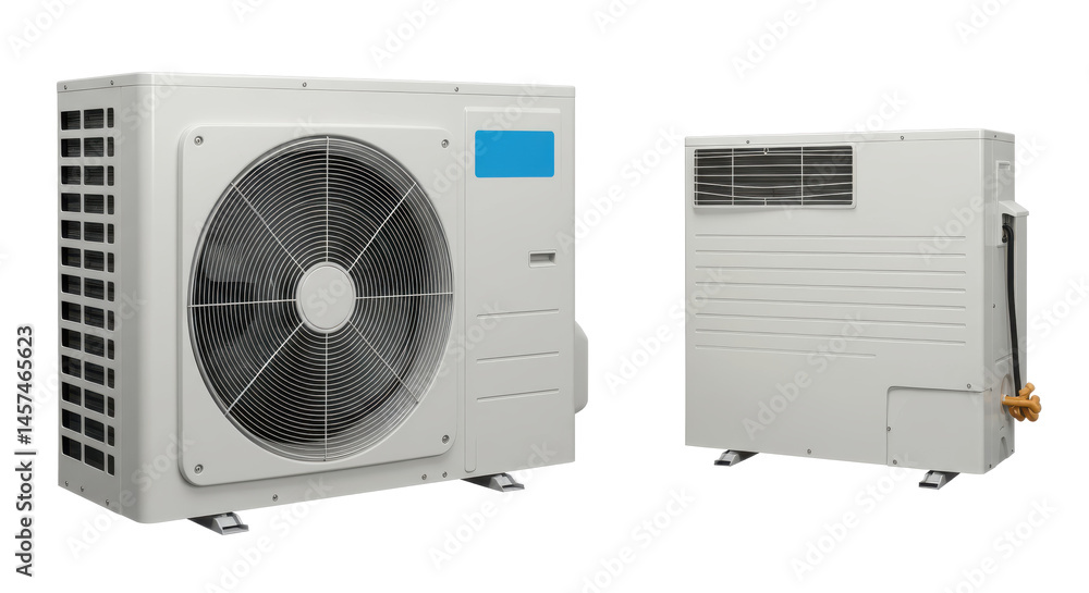 Poster a close up view of a white air conditioning unit with a fan and a blue display screen on the side wa