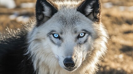 Naklejka premium Mesmerizing Close-Up Of A Wolf With Piercing Blue Eyes Staring Intensely.