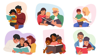 Happy family reading together spending time at home during cozy evening before bedtime set