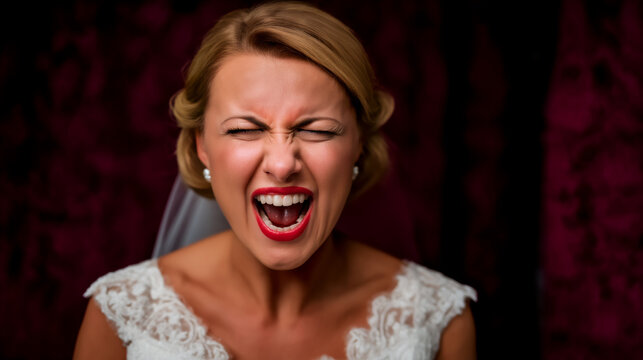 Caucasian bride in gown and veil, screaming in anger, bridezilla concept