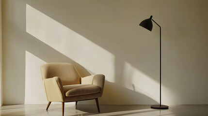 Serene Corner: A contemporary living space is bathed in soft light, featuring a sleek armchair and a minimalist floor lamp casting long shadows, creating a sense of tranquility and modern elegance.