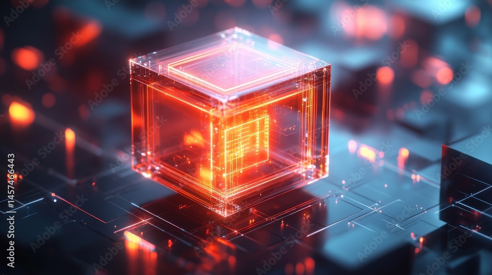 Poster a futuristic hologram representing the concept of cloud computing includes a cloud icon, blue and go