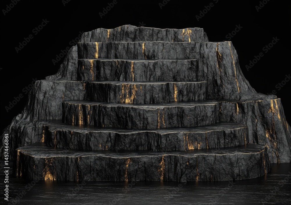 Poster the image is a 3d rendering of a dark stone stand utilized for exhibiting various products