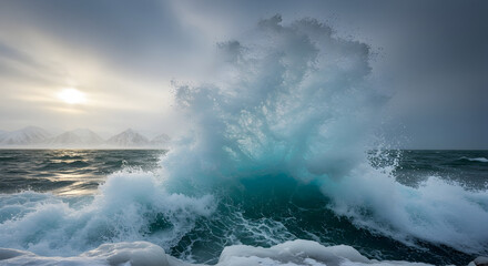 Naklejka premium Arctic Splendor Frozen Wave Crashing Against Snowy Shoreline Landscape