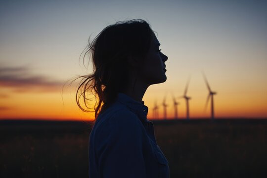 Silhouette of a woman gazing at a vibrant sunset with wind turbines in the background. - Powered by Adobe