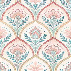 Hand Painted Watercolor Geometric Damask Pattern with Scalloped Design