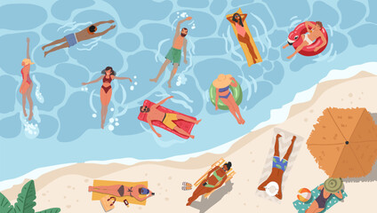 Diverse people tourist characters enjoying summer vacation at tropical sea beach cartoon scene