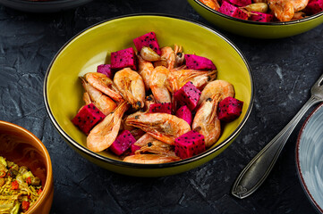 Flavorful shrimp with dragon fruit or pitaya.